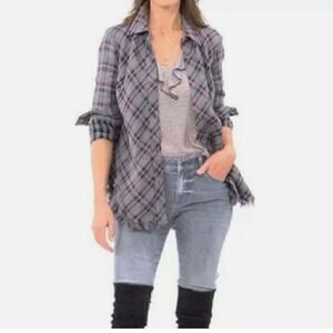 CAbi Highland Flannel Plaid Gray and Purple Button Up Frayed Hem Shirt Size S